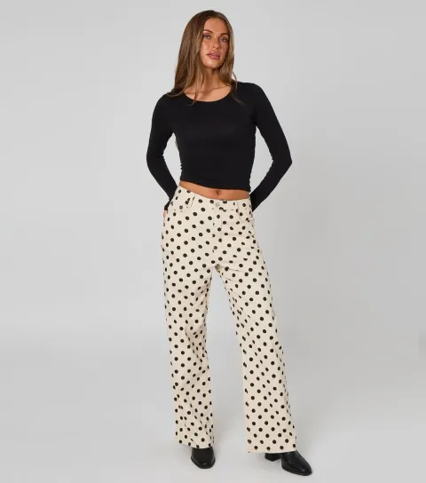 Women's Cream Polka Dot Wide Leg Jeans