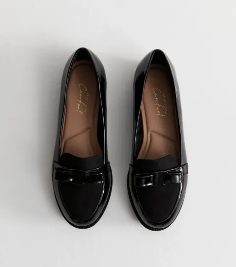 Women's Wide Fit Black Patent Faux Leather Bow Detail Loafers
