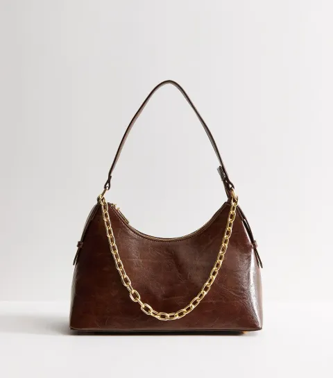 Dark Brown Patent Faux Leather Chain Strap Shoulder Bag
