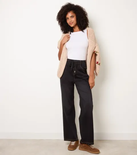 Women's Black Elasticated Waist Wash Effect Jeans