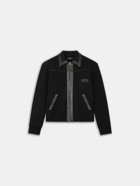 LEATHER TRIM ZIPPED BLOUSON - Black
