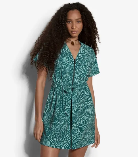 Women's Blue Wave Print Front Zip Dress