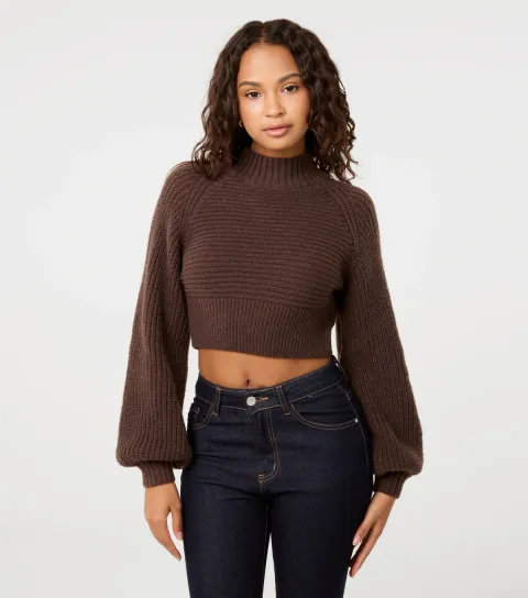 Pink Vanilla Women's Dark Brown High Neck Cropped Jumper