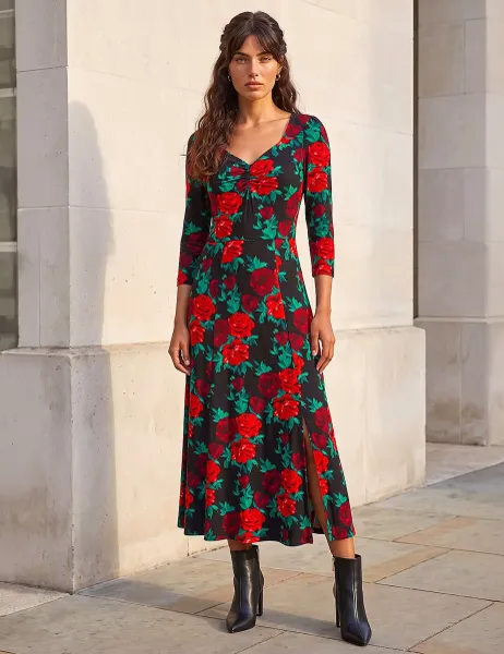 Roman Floral Ruched Split Front Midi Dress Red Mix