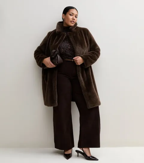 New Look Women's Plus Size Dark Brown Faux Fur Faux Fur High Collar Coat Curves