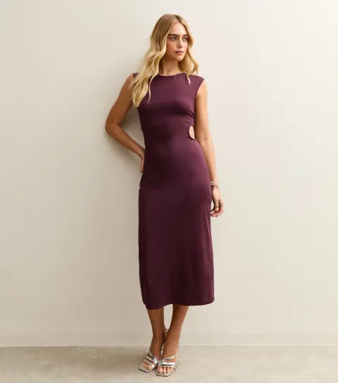 Women's Dark Burgundy Side Cutout Diamante Chain Midi Dress
