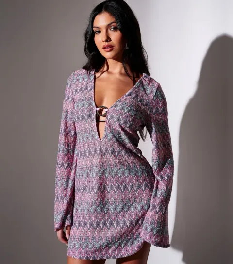 Women's Purple Chevron Ring Mini Kaftan Dress