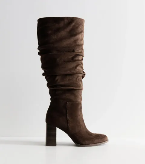 New Look Women's Dark Brown Faux Suede Ruched Calf Knee High Boots Vegan