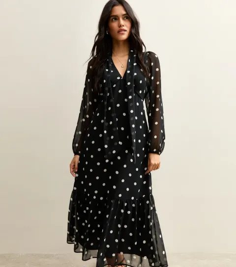 Women's Black Polka Dot Bow Chiffon Midi Dress