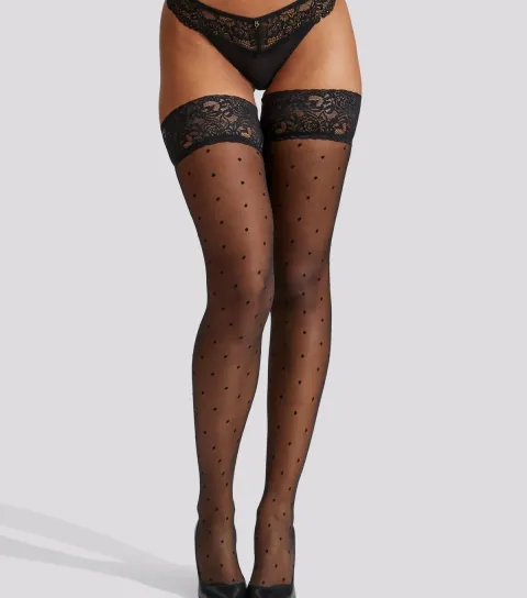 Black Lace Top Polka Dot Hold Up Tights