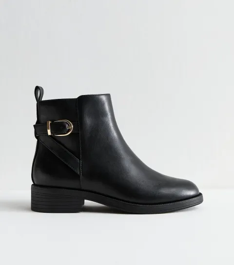 Women's Wide Fit Black Faux Leather Buckle Detail Ankle Boots Vegan