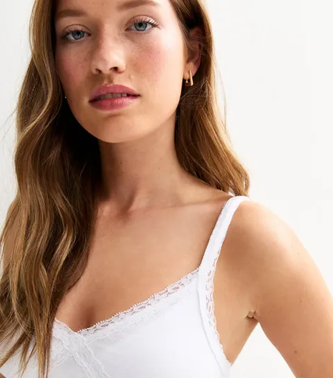 Women's White Lace Trim Strappy Cami Top