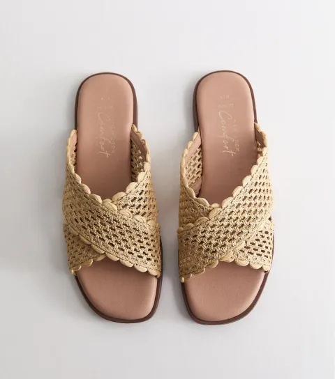Women's Wide Fit Off White Woven Raffia Look Flat Mules Vegan