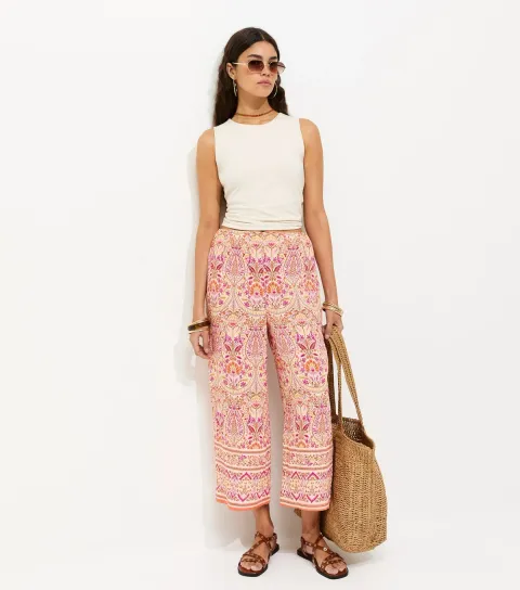 Women's Pink Folk Print Cropped Trousers
