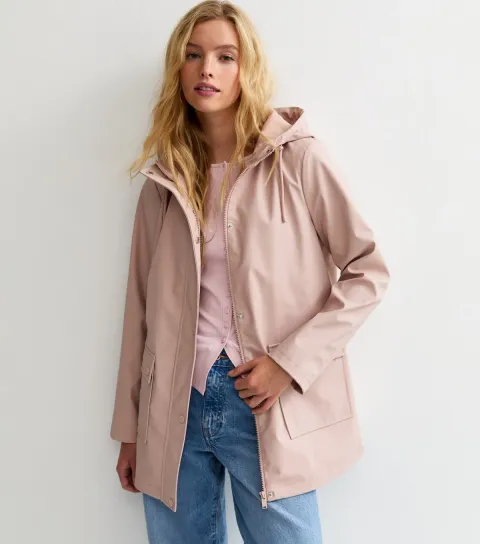 New Look Women's Pale Pink Shower Resistant Drawstring Hood Rain Anorak