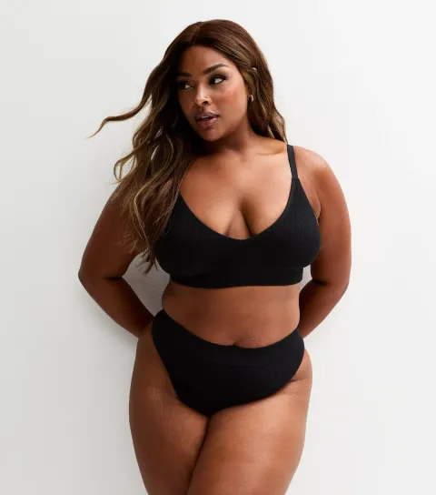 Women's Plus Size Black Ribbed Triangle Bra Curves