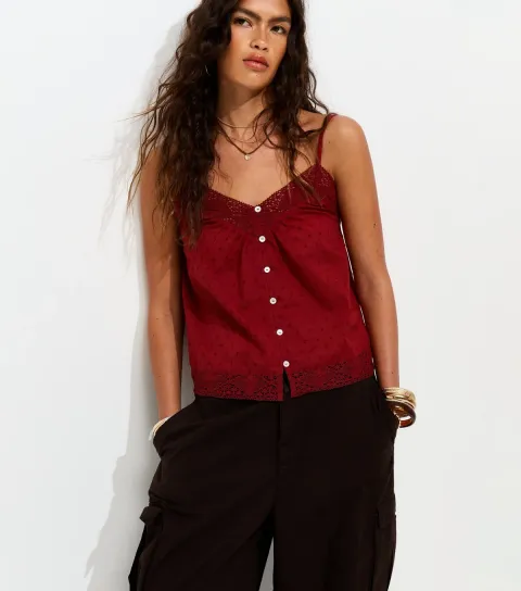 Women's Rust Cotton Dobby Texture Lace Trim Cami Top