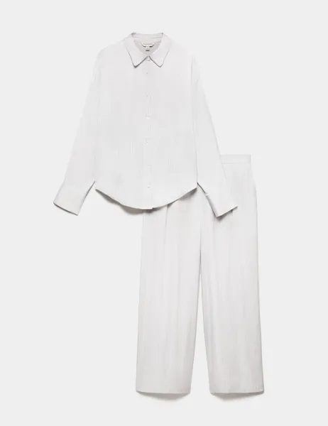 Autograph Satin Striped Revere Pyjama Set Grey Mix