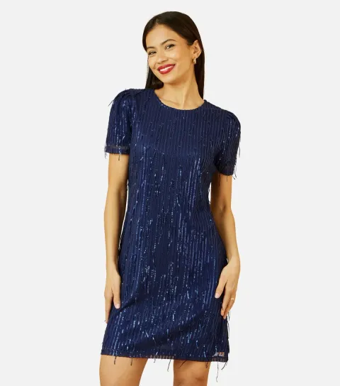 Women's Navy Sequin Tassel Mini T-Shirt Dress