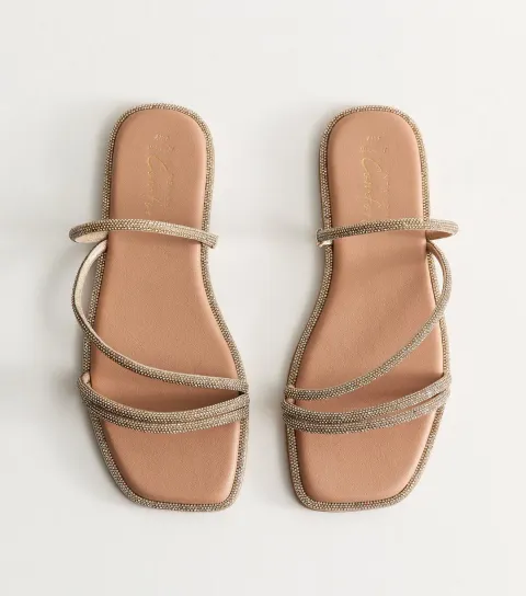 Women's Wide Fit Gold Multi Strap Diamanté Embellished Sandals Vegan