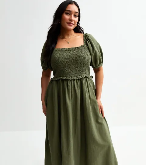 Women's Plus Size Khaki Square Neck Shirred Midi Dress Curves