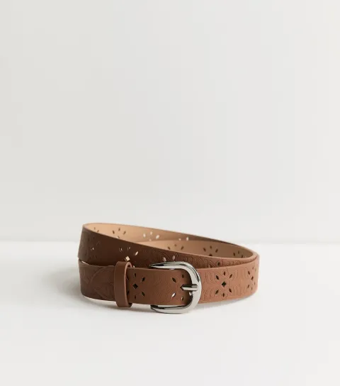 Tan Faux Leather Floral Laser Cut Out Belt