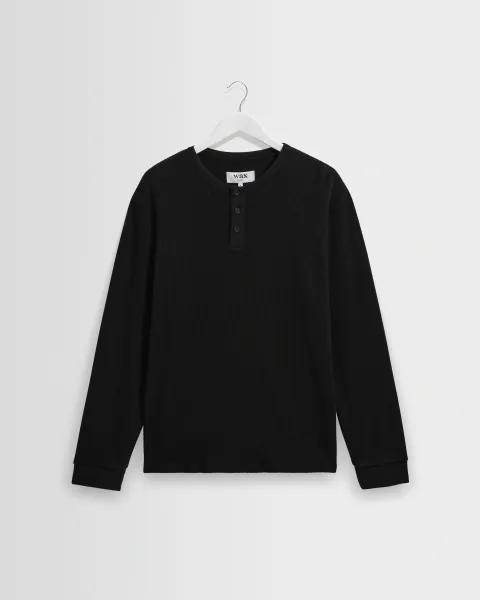 Wax London Caleb - Washed Black Waffle Cotton Henley Long-Sleeve t-Shirt