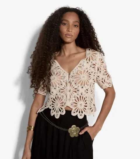 Women's Cream Open Crochet Sequin Cardigan