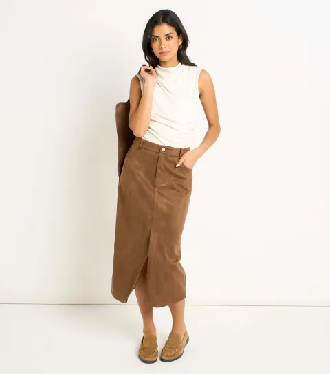 Women's Brown Faux Suede Pencil Skirt