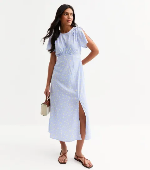 Women's Blue Floral Print Split Sleeve Midi Dress