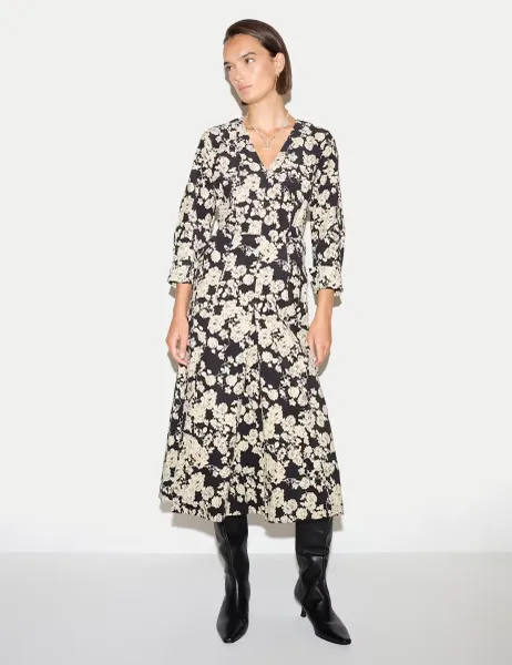Jigsaw Cord Floral V Neck Pleated Midi Dress White Mix