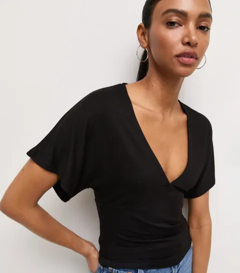 Women's Black Jersey V Neck Flutter Sleeve Top