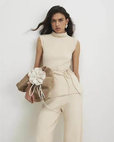 River Island Cotton Blend Textured Tie Belt Top