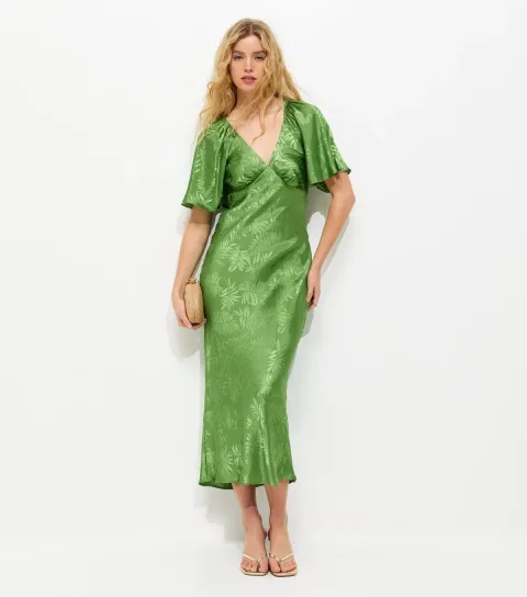 Women's Light Green Palm Leaf Jacquard Flutter Sleeve Midi Dress