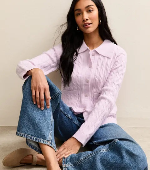 Women's Lilac Cable Knit Collared Cardigan