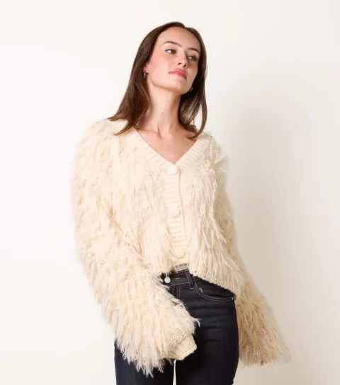 Blue Vanilla Women's Cream Shaggy Fluffy V-Neck Cardigan