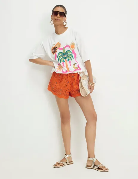 River Island Boyfriend Fit Palm Print T-Shirt White Mix