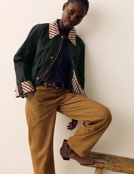 Per Una Pure Cotton Check Stripe Reversible Checked Jacket Khaki Mix