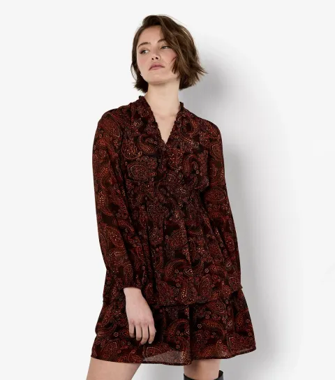 Women's Orange Paisley Ruffle Mini Dress
