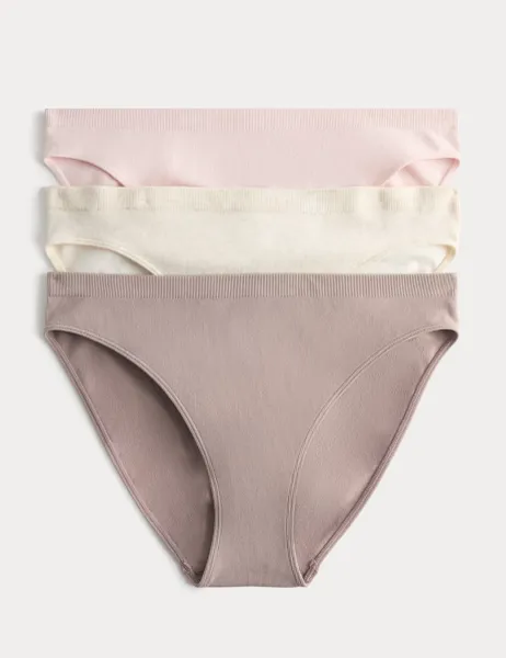 Marks & Spencer 3 Pack Comfort Rib Seamless High Leg Knickers Oatmeal Mix