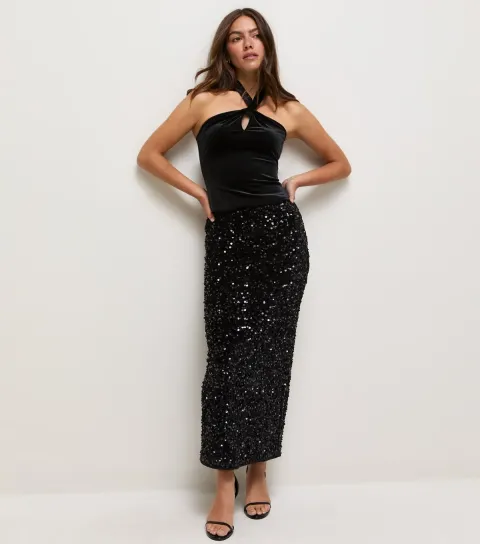 New Look Women's Petite Black Velvet Sequin Midi Pencil Skirt