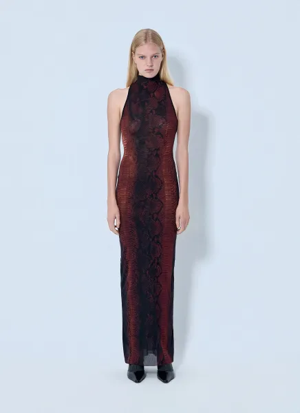 Mesh High Neck Python Printed Long Dress