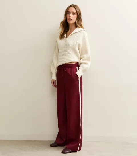 Women's Burgundy Side Stripe Wide Leg Trousers