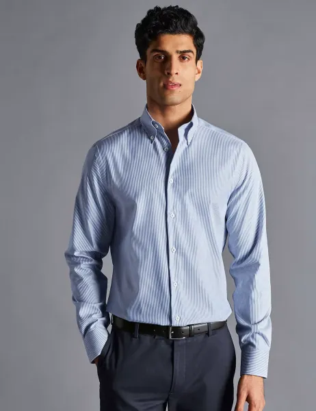 Charles Tyrwhitt Non Iron Pure Cotton Striped Oxford Shirt Blue