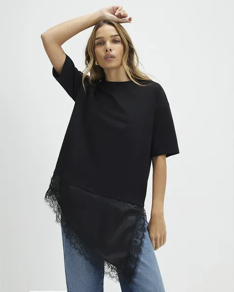 River Island Lace Hem Aysmmetric T-Shirt