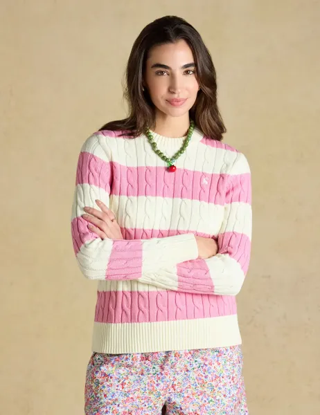 Joules Pure Cotton Striped Cable KnitJumper Pink Mix