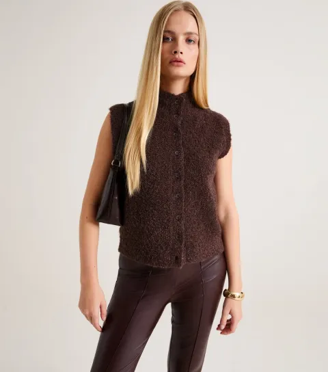 New Look Women's Premium with Wool Brown Boucle Knit Funnel Neck Waistcoat