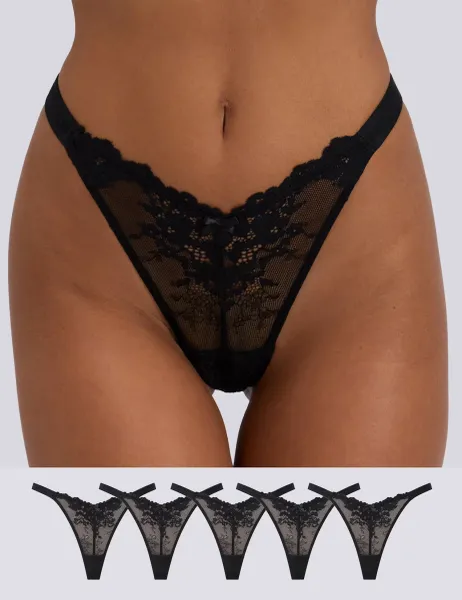 Boux Avenue 5 Pack Fran Lace Thongs Black