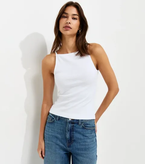 Women's White Cotton Rich Ribbed Jersey Vest Top