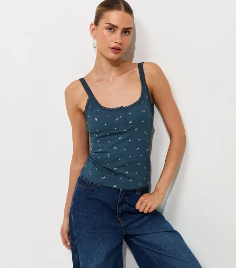Women's Blue Floral Cotton Rich Floral Lace Trim Henley Tank Top